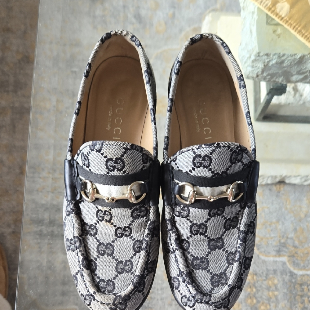 Gucci Gray and Black Monogram Loafers